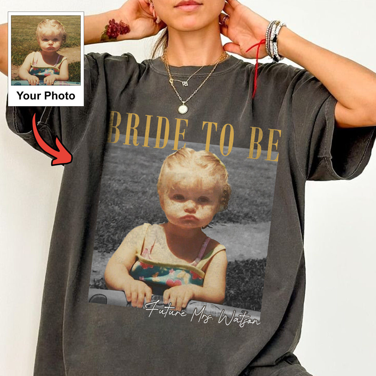 Custom Bride To Be Photo Shirt, Personalized Childhood Picture Tee, Bridal Shower Wedding Gift for Her