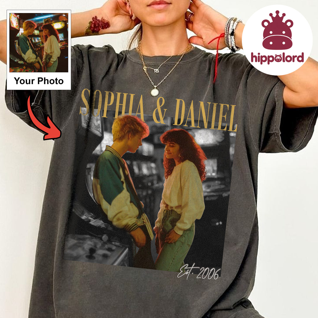 Custom Name and Year Wedding Photo Shirt, Personalized Couple Tee, Engagement or Anniversary Gift