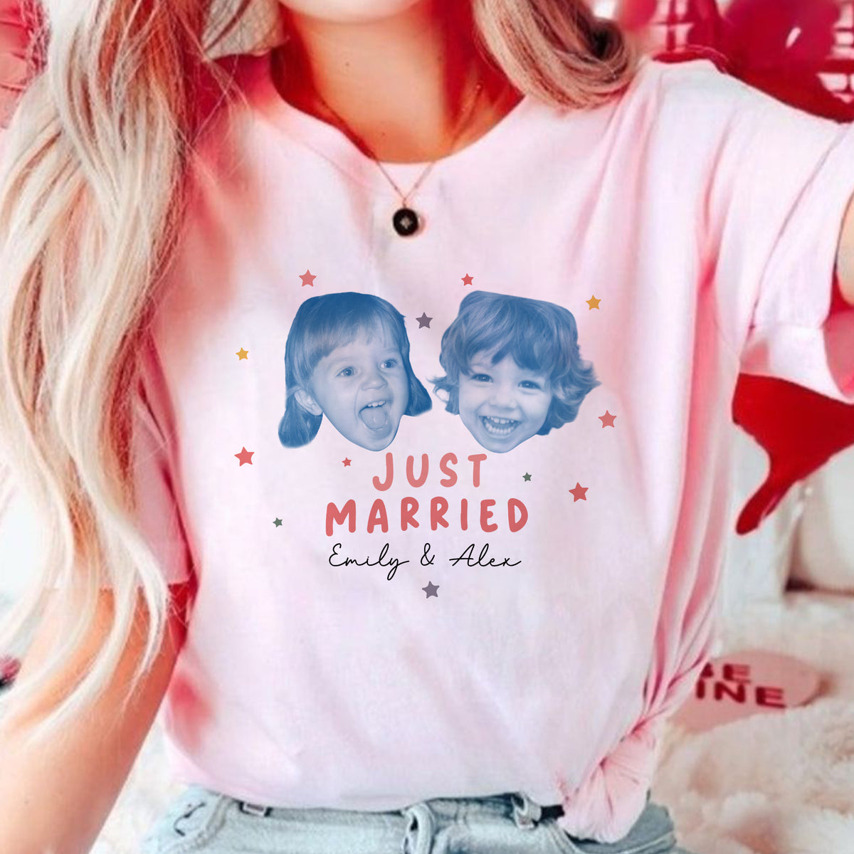 Just Married Custom Photo Shirt, Personalized Childhood Faces and Couple Names, Funny Newlywed Gift