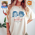 Just Married Custom Photo Shirt, Personalized Childhood Faces and Couple Names, Funny Newlywed Gift