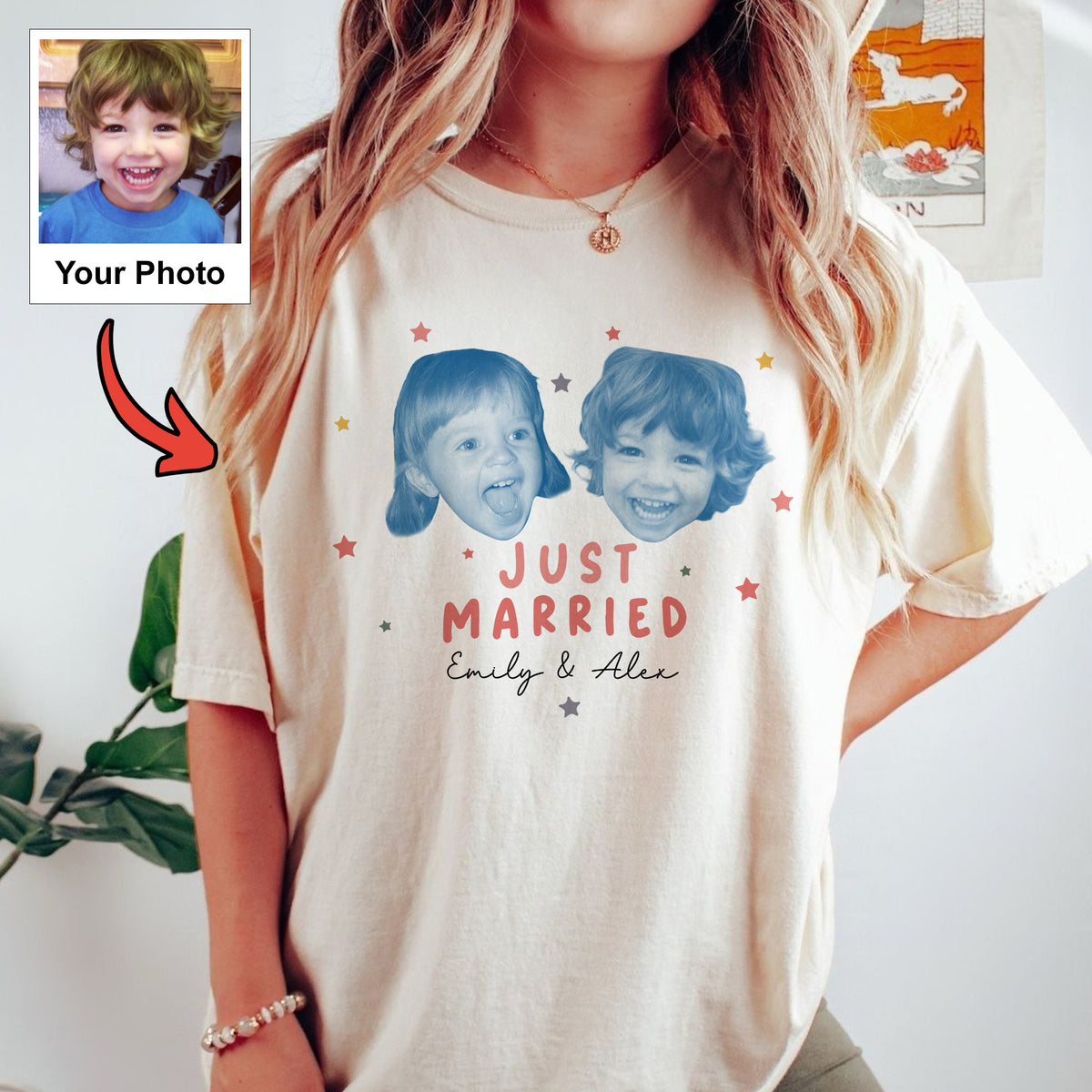 Just Married Custom Photo Shirt, Personalized Childhood Faces and Couple Names, Funny Newlywed Gift