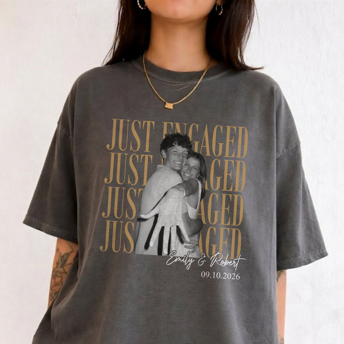 Just Engaged Custom Photo Shirt, Personalized Couple Names and Date Tee, Engagement Party Gift for Her