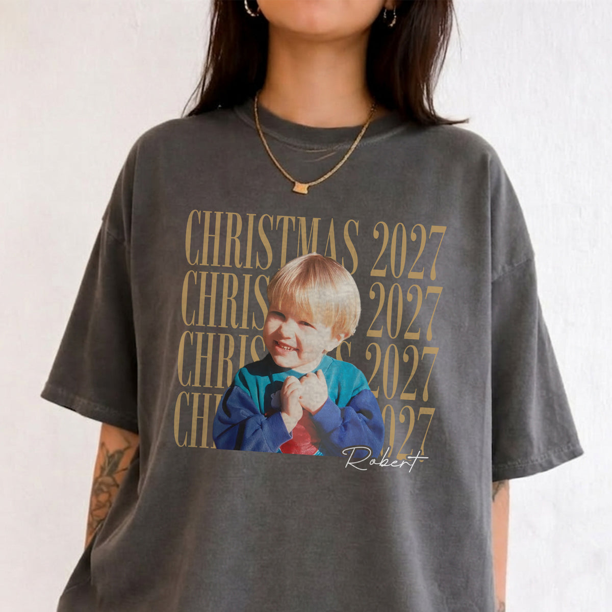 Christmas 2027 Custom Photo Shirt, Personalized Name Tee, Holiday Gift for Son or Daughter