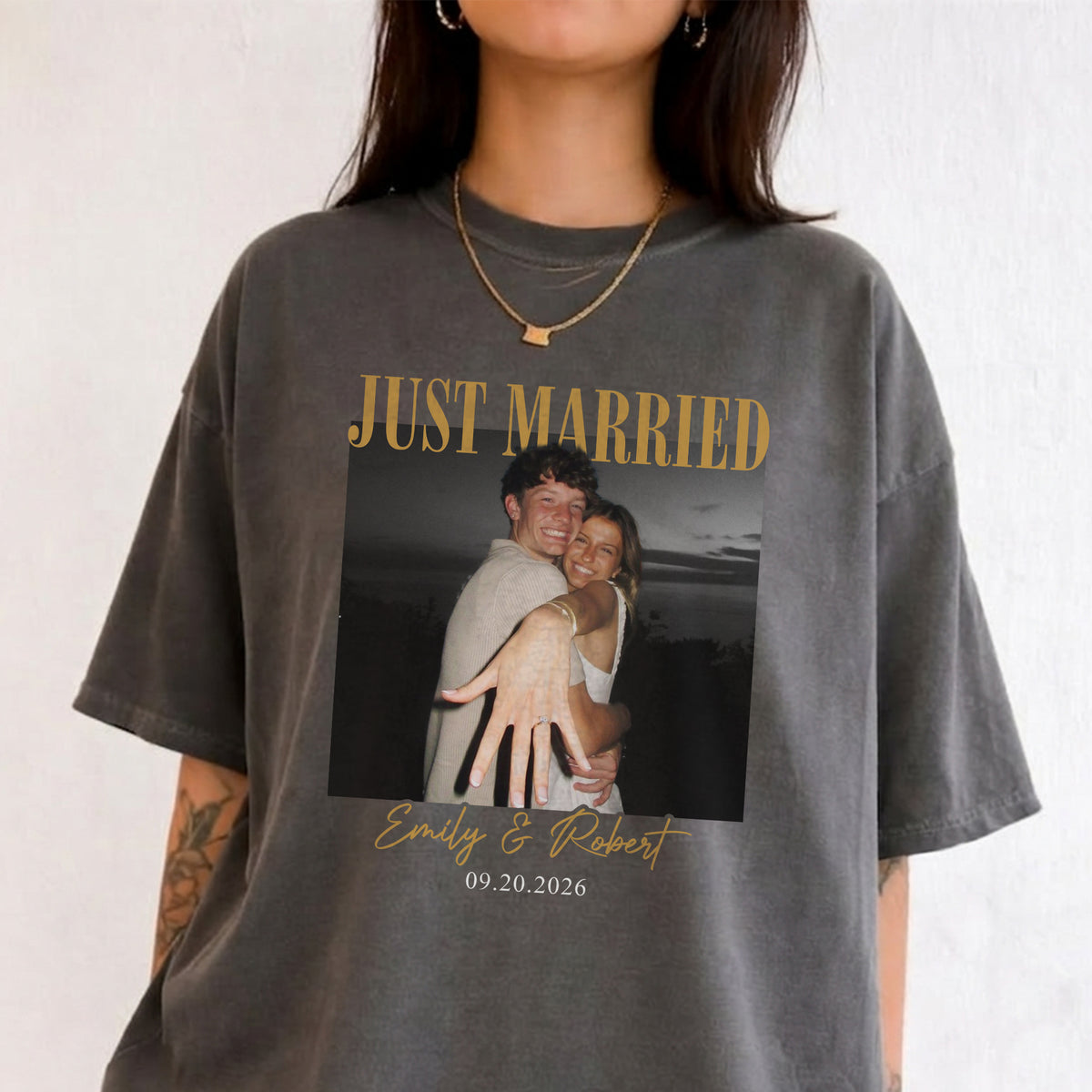 Just Married Photo Shirt, Personalized Couple Names and Wedding Date Tee, Newlywed Gift for Bride