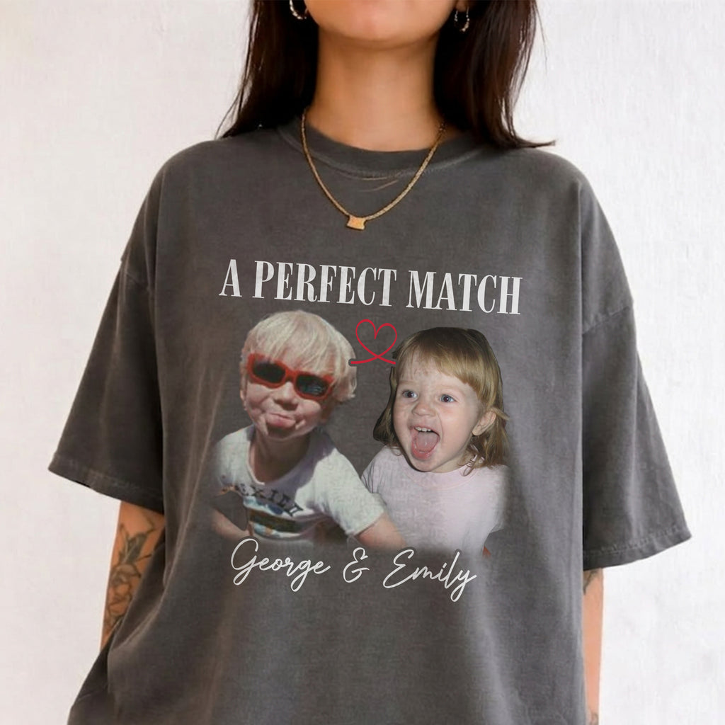 A Perfect Match Custom Photo Shirt, Personalized Couple Names, Childhood Engagement Gift