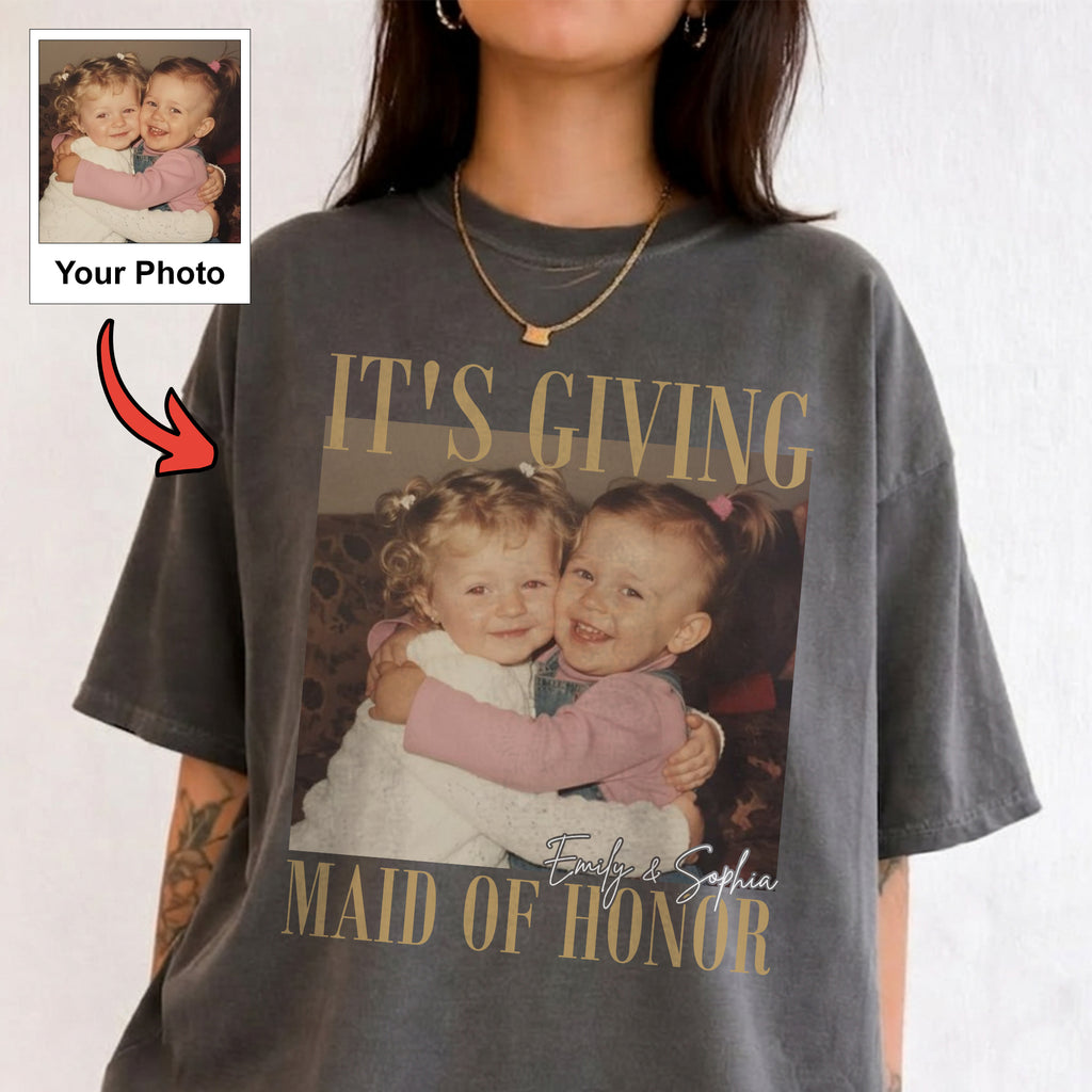 It's Giving Maid of Honor Shirt, Custom Childhood Photo and Names, Bridesmaid Gift for Wedding Party