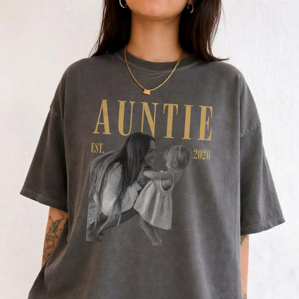 Custom Auntie Photo Shirt, Personalized Name and Est Year Tee, Vintage Gift for New Aunt or Auntie