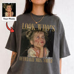 Look Who's Officially Mrs Shirt, Personalized Bride Photo and Wedding Date Tee, Custom Bridal Gift