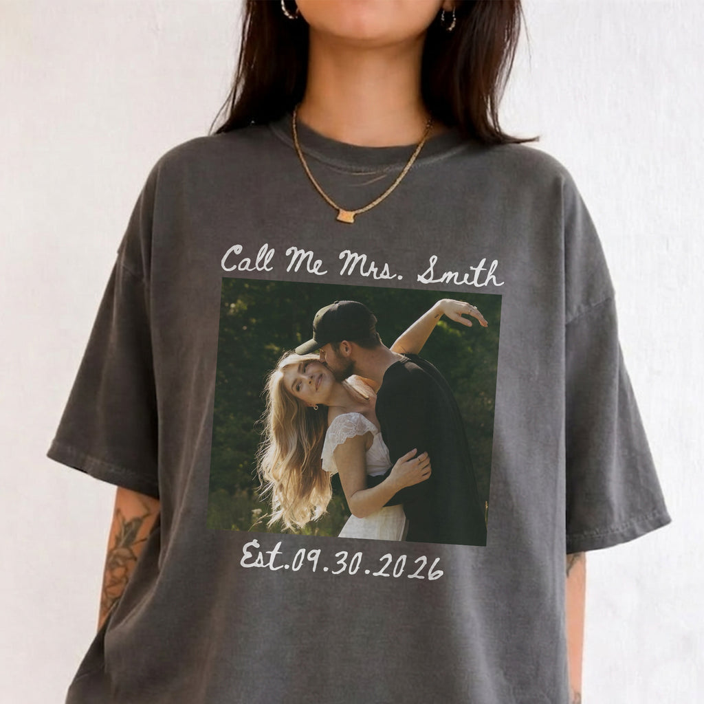 Personalized Call Me Mrs Shirt, Custom Couple Photo and Wedding Date, Bridal Shower Gift for Bride