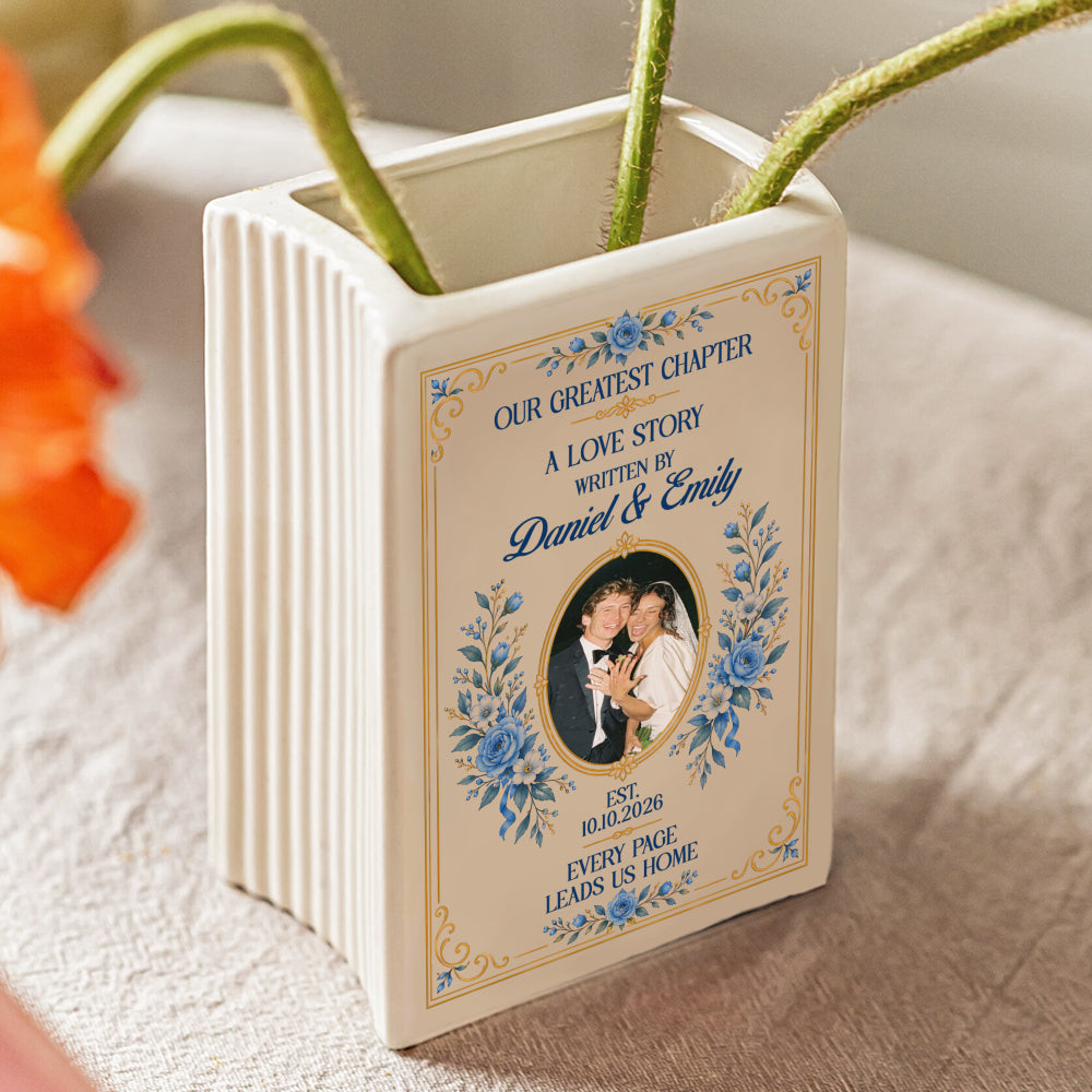 Personalized Our Greatest Chapter Wedding Photo Ceramic Book Vase, Custom Couple Names and Date, Blue Flower Newlywed Gift