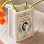 Personalized Our Greatest Chapter Wedding Photo Ceramic Book Vase, Custom Couple Names and Date, Blue Flower Newlywed Gift