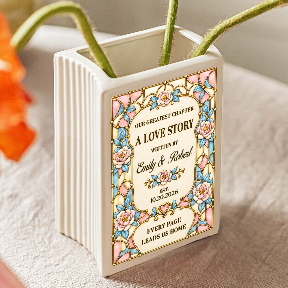 Personalized Our Greatest Chapter Ceramic Book Vase, Custom Couple Names and Wedding Date, Romantic Wedding Gift