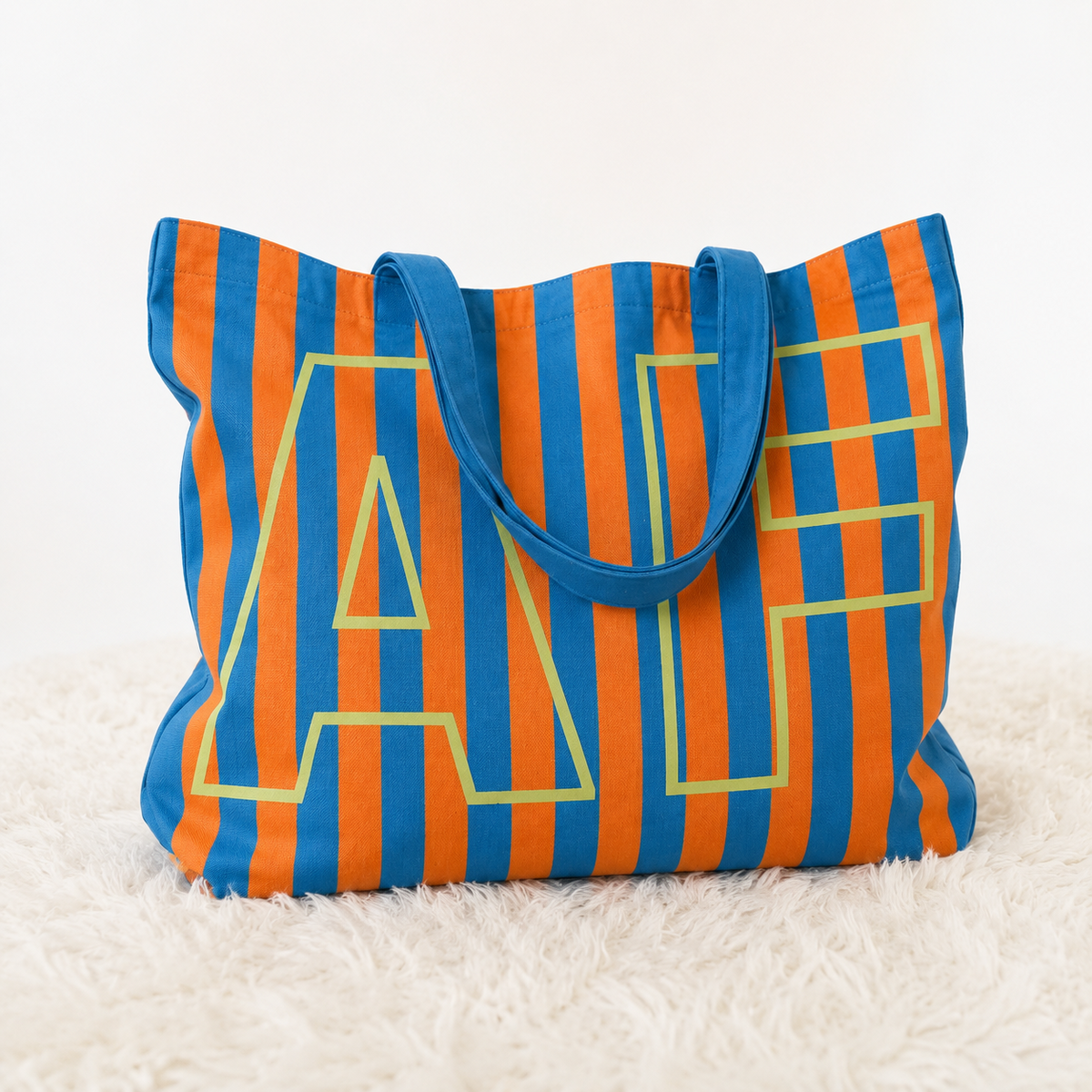 Custom Initials Striped Canvas Tote Bag, Street Bag for Girls