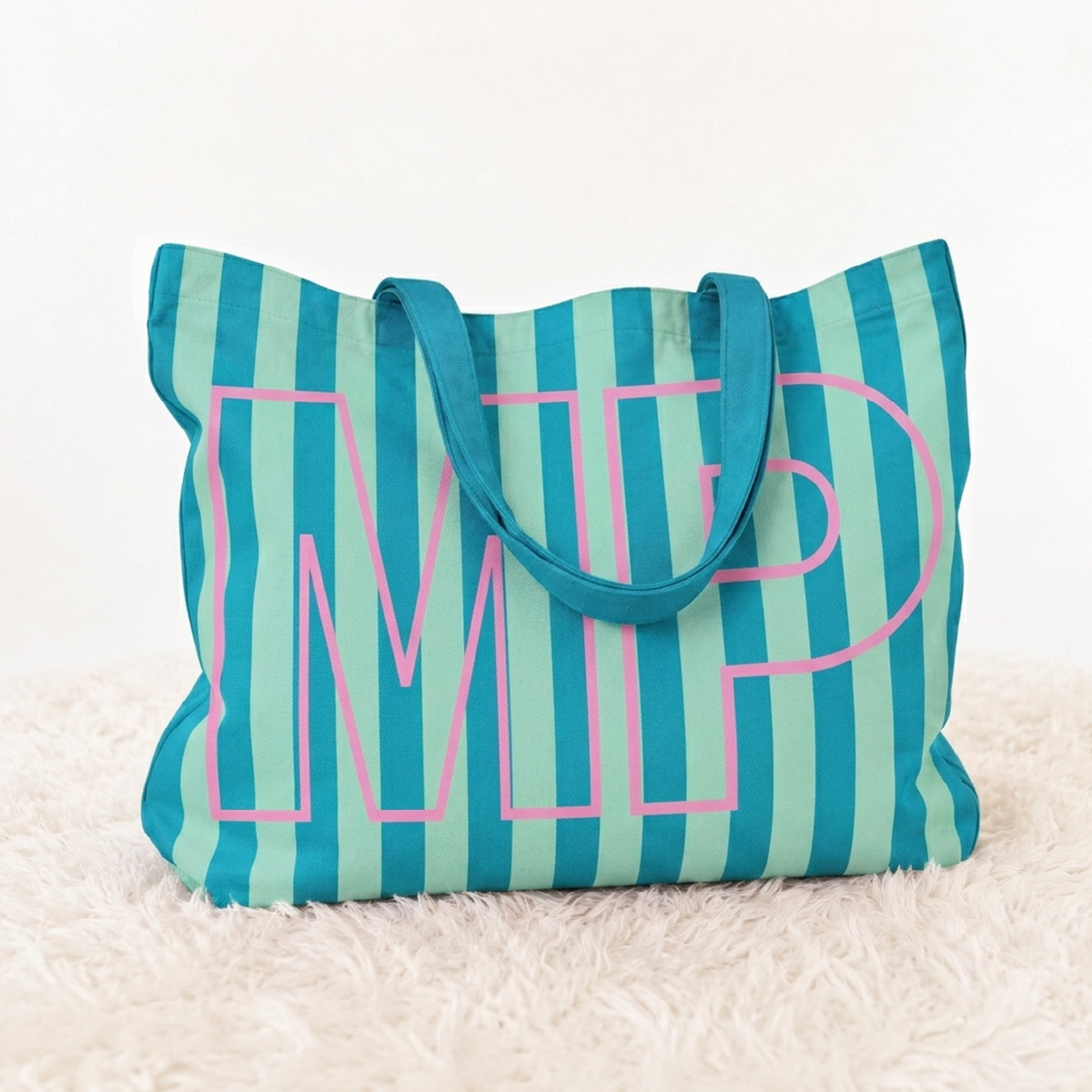 Custom Initials Striped Canvas Tote Bag, Street Bag for Girls