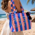Embroidered Custom Initials Striped Canvas Tote Bag, Street Bag for Girls