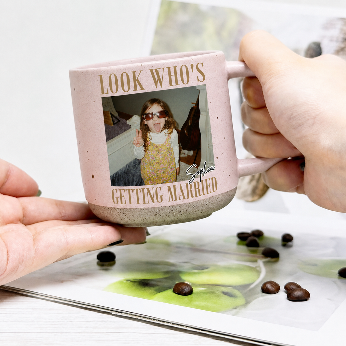 Look Who’s Getting Married Personalized Pottery Mug, Custom Photo & Names Wedding Gift
