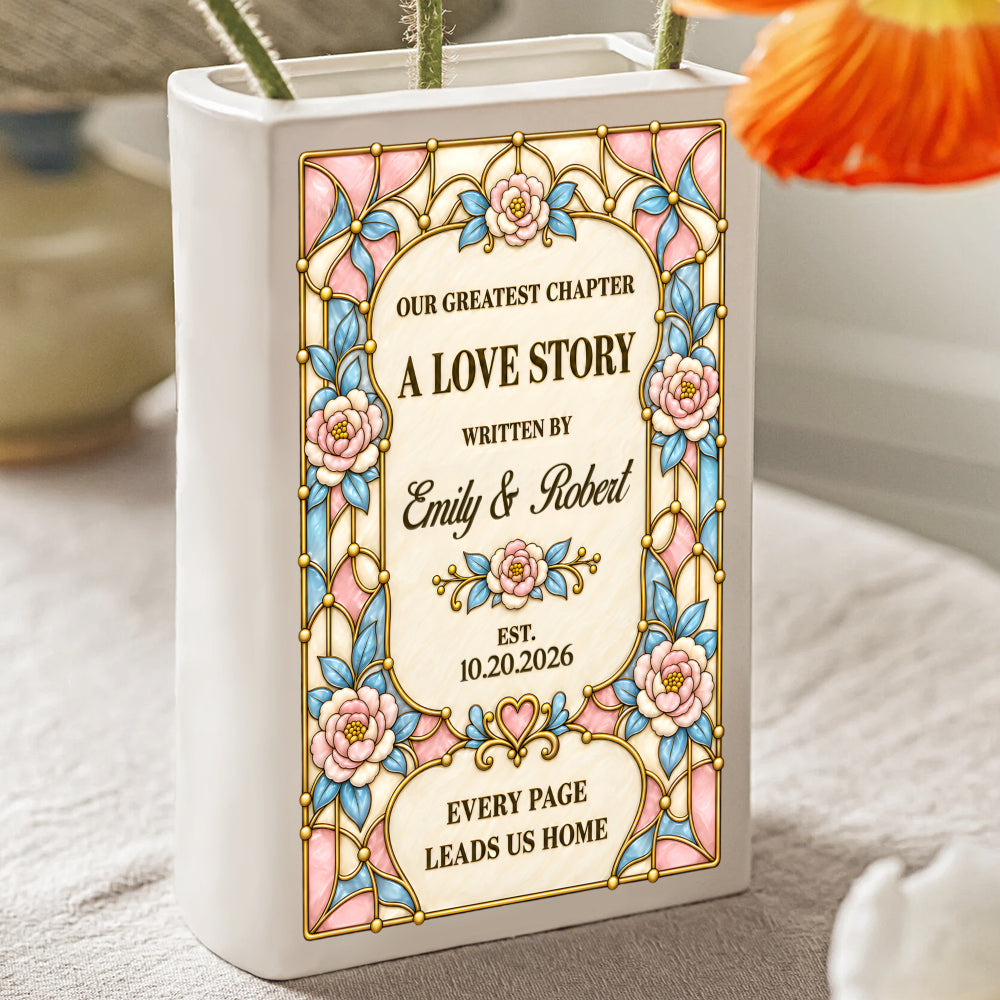 Personalized Our Greatest Chapter Ceramic Book Vase, Custom Couple Names and Wedding Date, Romantic Wedding Gift