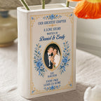 Personalized Our Greatest Chapter Wedding Photo Ceramic Book Vase, Custom Couple Names and Date, Blue Flower Newlywed Gift