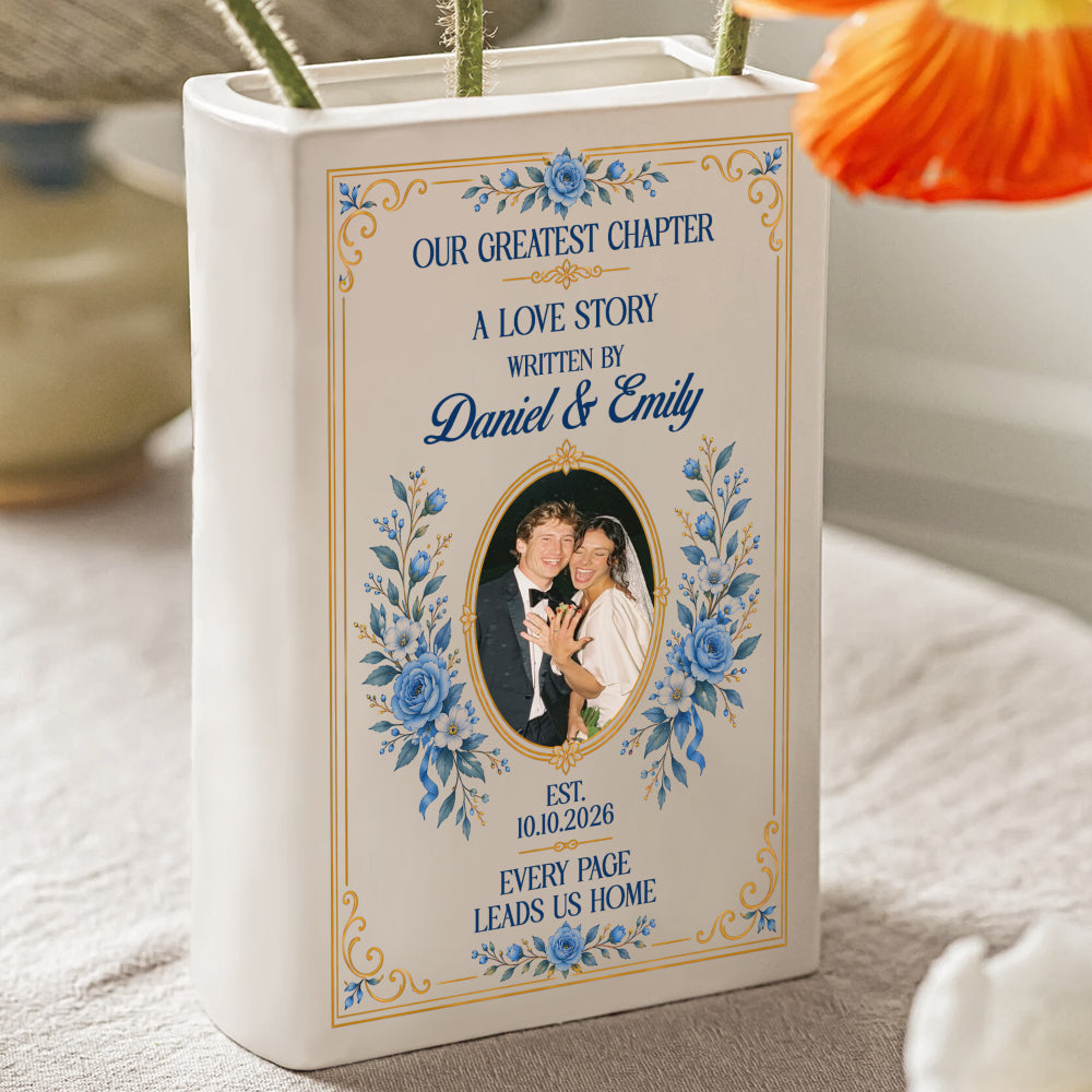 Personalized Our Greatest Chapter Wedding Photo Ceramic Book Vase, Custom Couple Names and Date, Blue Flower Newlywed Gift