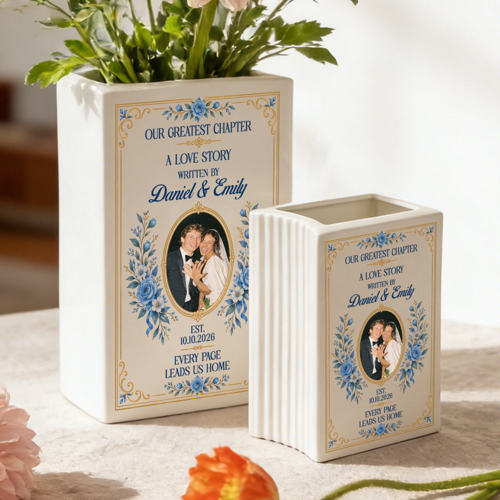 Personalized Our Greatest Chapter Wedding Photo Ceramic Book Vase, Custom Couple Names and Date, Blue Flower Newlywed Gift