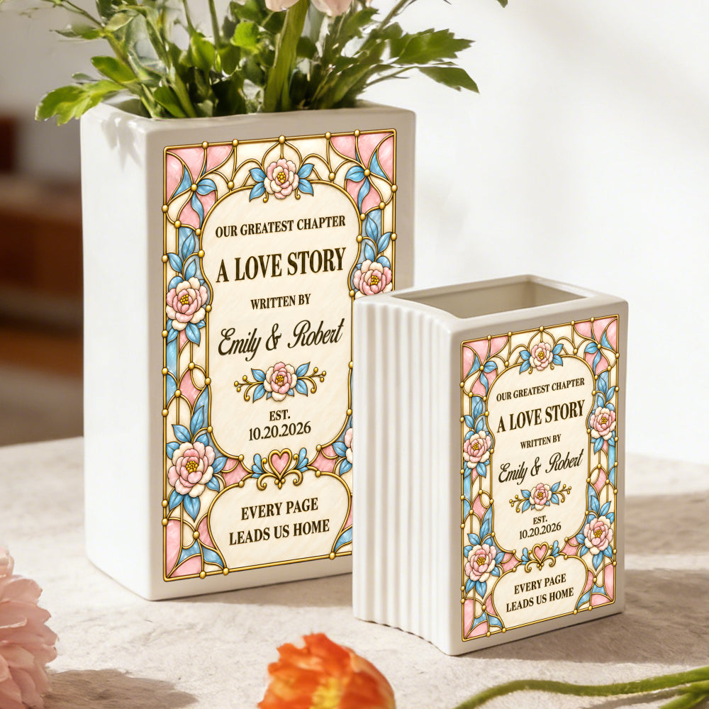 Personalized Our Greatest Chapter Ceramic Book Vase, Custom Couple Names and Wedding Date, Romantic Wedding Gift