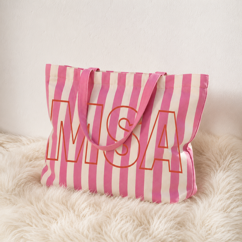 Pink Tone - Custom Initials Striped Canvas Tote Bag, Travel Bag for Girls
