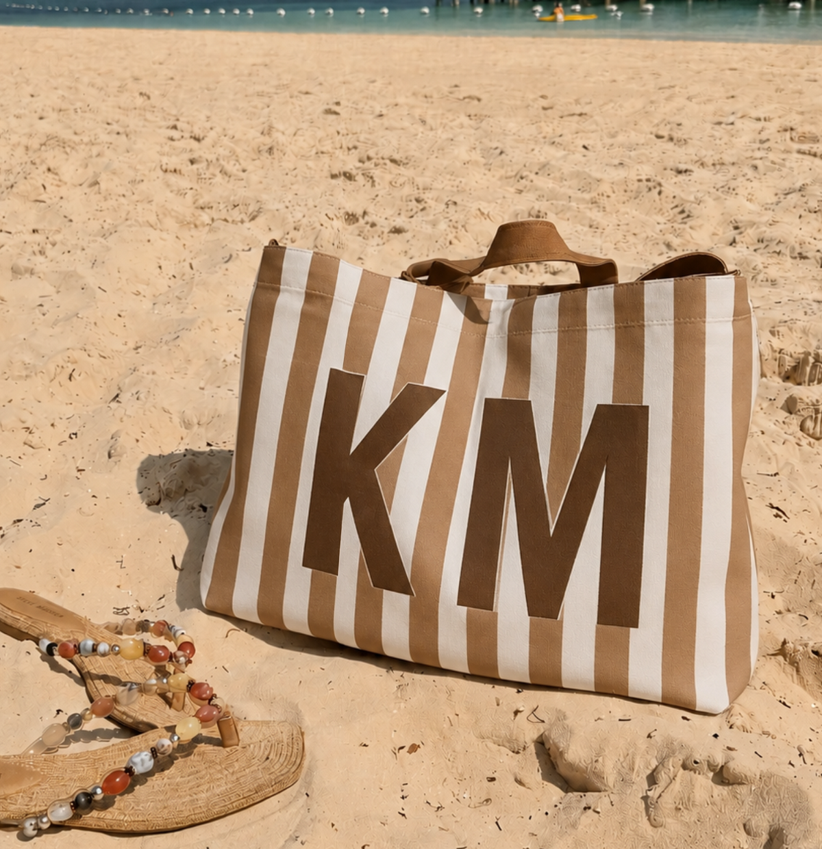 Brown Tone - Striped Canvas Tote Bag, Custom Initials Travel Bag for Girls