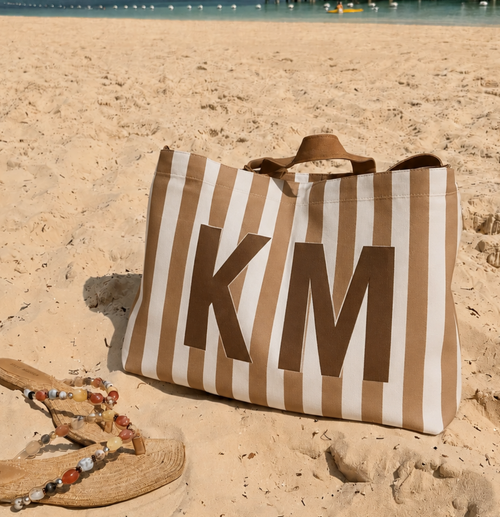 Brown Tone - Striped Canvas Tote Bag, Custom Initials Travel Bag for Girls