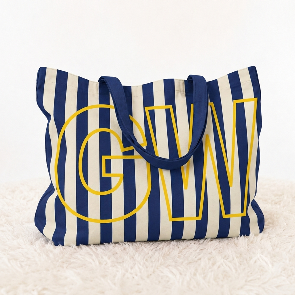 Custom Initials Striped Canvas Tote Bag, Street Bag for Girls