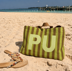 Brown Tone - Striped Canvas Tote Bag, Custom Initials Travel Bag for Girls