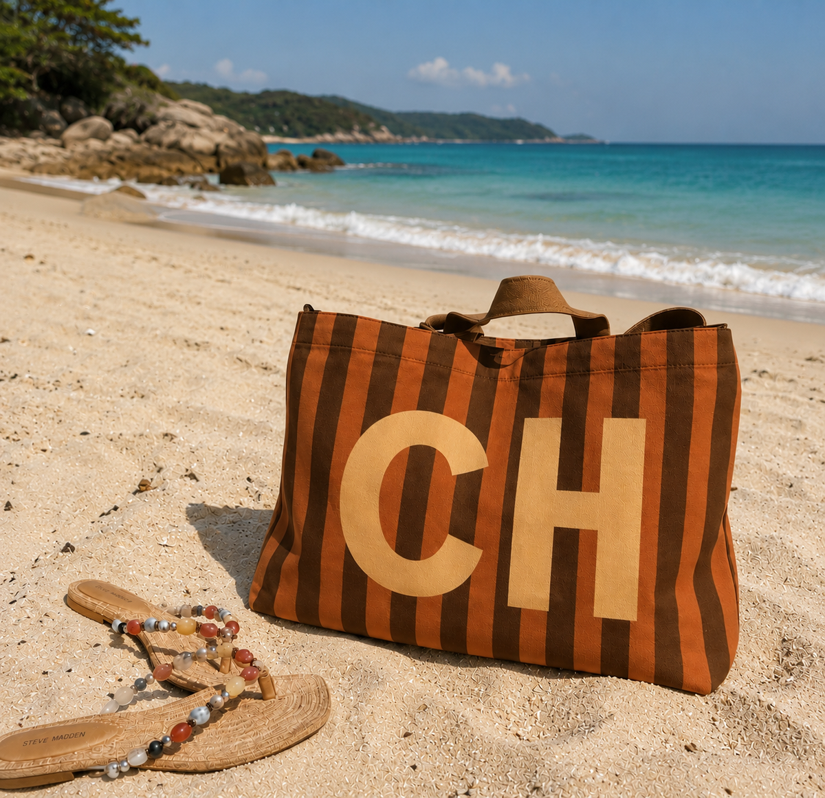 Brown Tone - Striped Canvas Tote Bag, Custom Initials Travel Bag for Girls