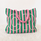 Pink Tone - Custom Initials Striped Canvas Tote Bag, Travel Bag for Girls