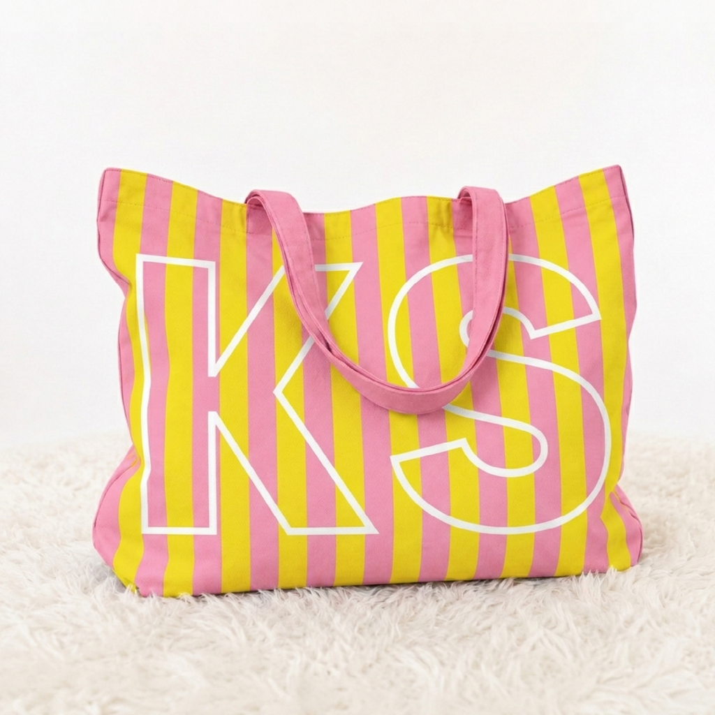 Pink Tone - Custom Initials Striped Canvas Tote Bag, Travel Bag for Girls