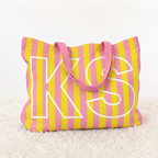 Pink Tone - Custom Initials Striped Canvas Tote Bag, Travel Bag for Girls