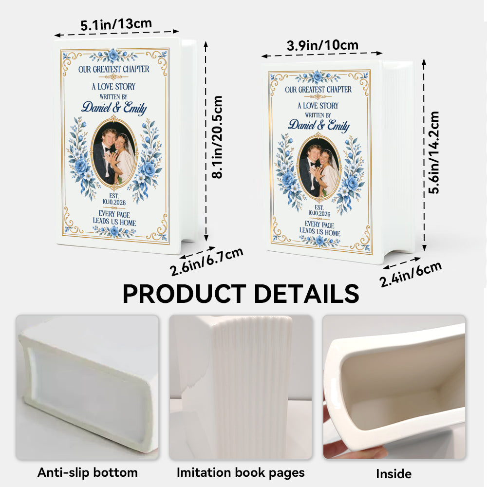Personalized Our Greatest Chapter Wedding Photo Ceramic Book Vase, Custom Couple Names and Date, Blue Flower Newlywed Gift