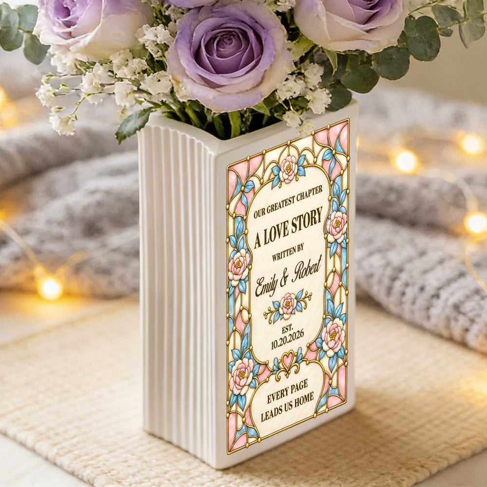 Personalized Our Greatest Chapter Ceramic Book Vase, Custom Couple Names and Wedding Date, Romantic Wedding Gift