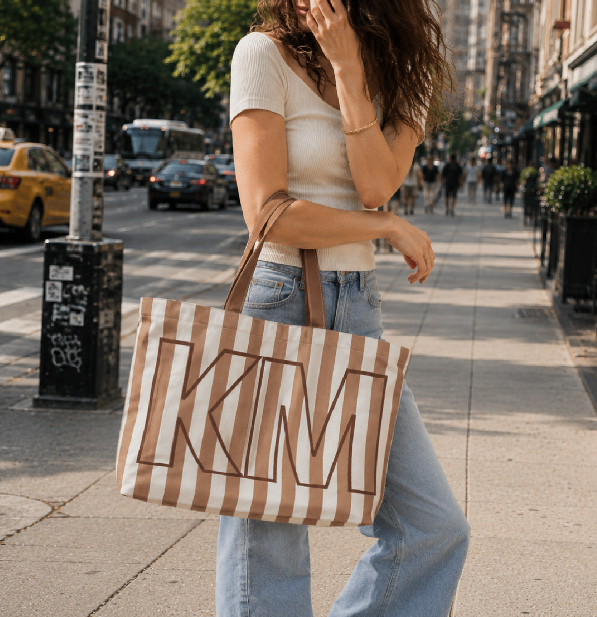Milk Coffee Striped Canvas Tote Bag, Custom Initials Travel Bag for Girls