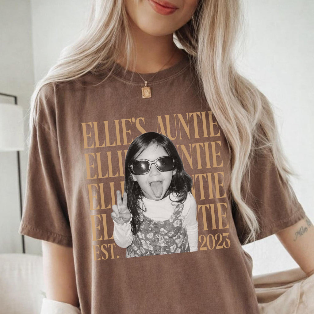 Custom Auntie Photo Shirt, Personalized Name and Est Year Tee, Vintage Gift for Aunt or New Auntie