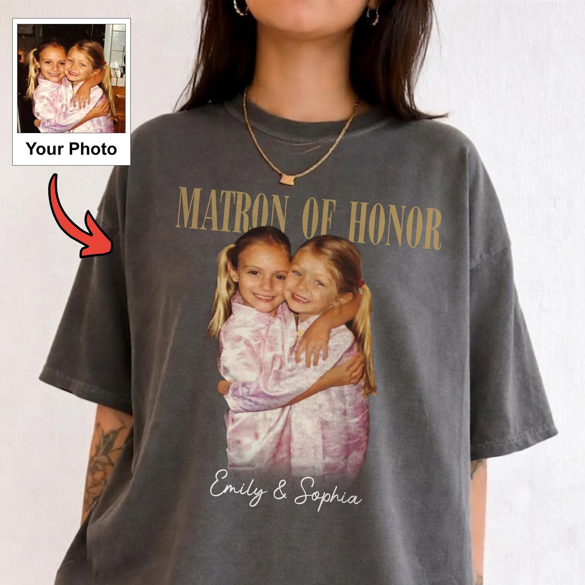 Custom Matron of Honor Shirt, Personalized Photo and Names Tee, Bridal Party Keepsake Wedding Gift