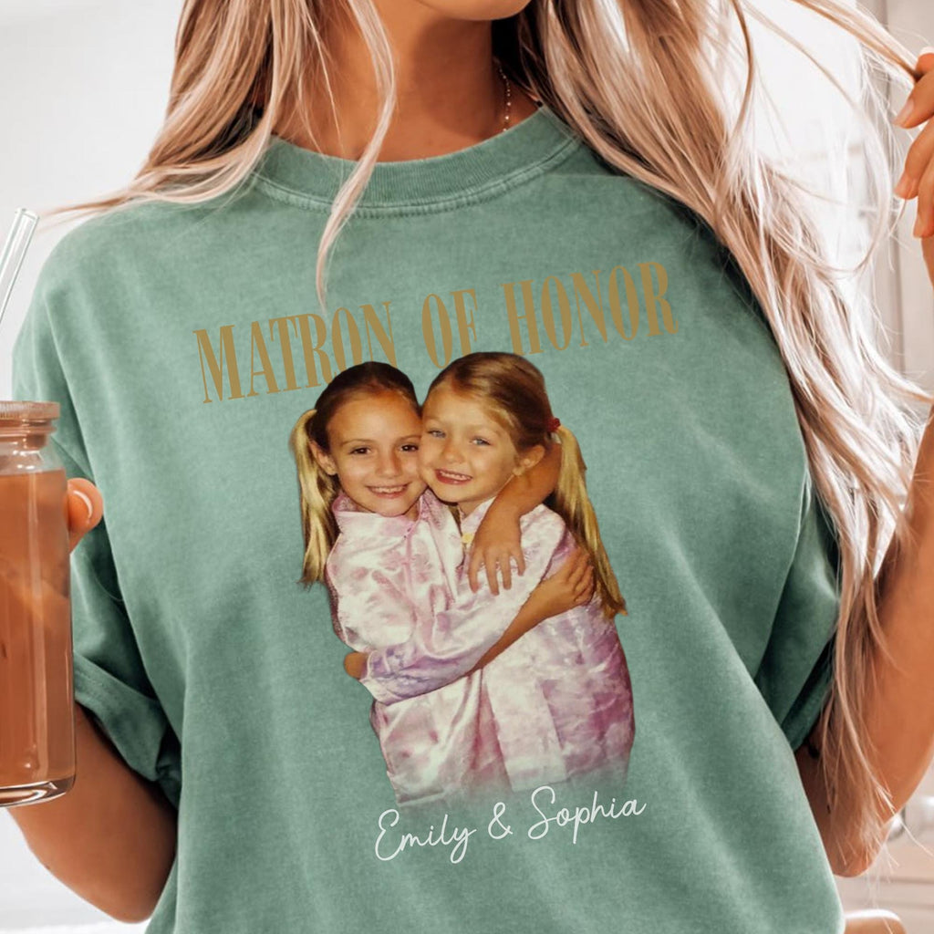 Custom Matron of Honor Shirt, Personalized Photo and Names Tee, Bridal Party Keepsake Wedding Gift