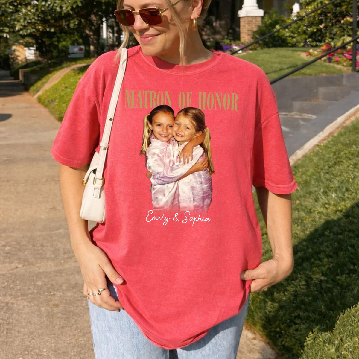 Custom Matron of Honor Shirt, Personalized Photo and Names Tee, Bridal Party Keepsake Wedding Gift