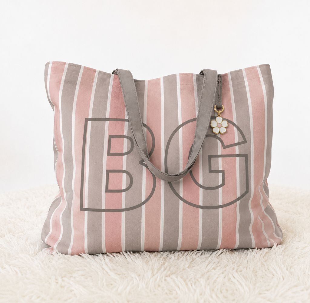 Pink Tone - Custom Initials Striped Canvas Tote Bag, Travel Bag for Girls