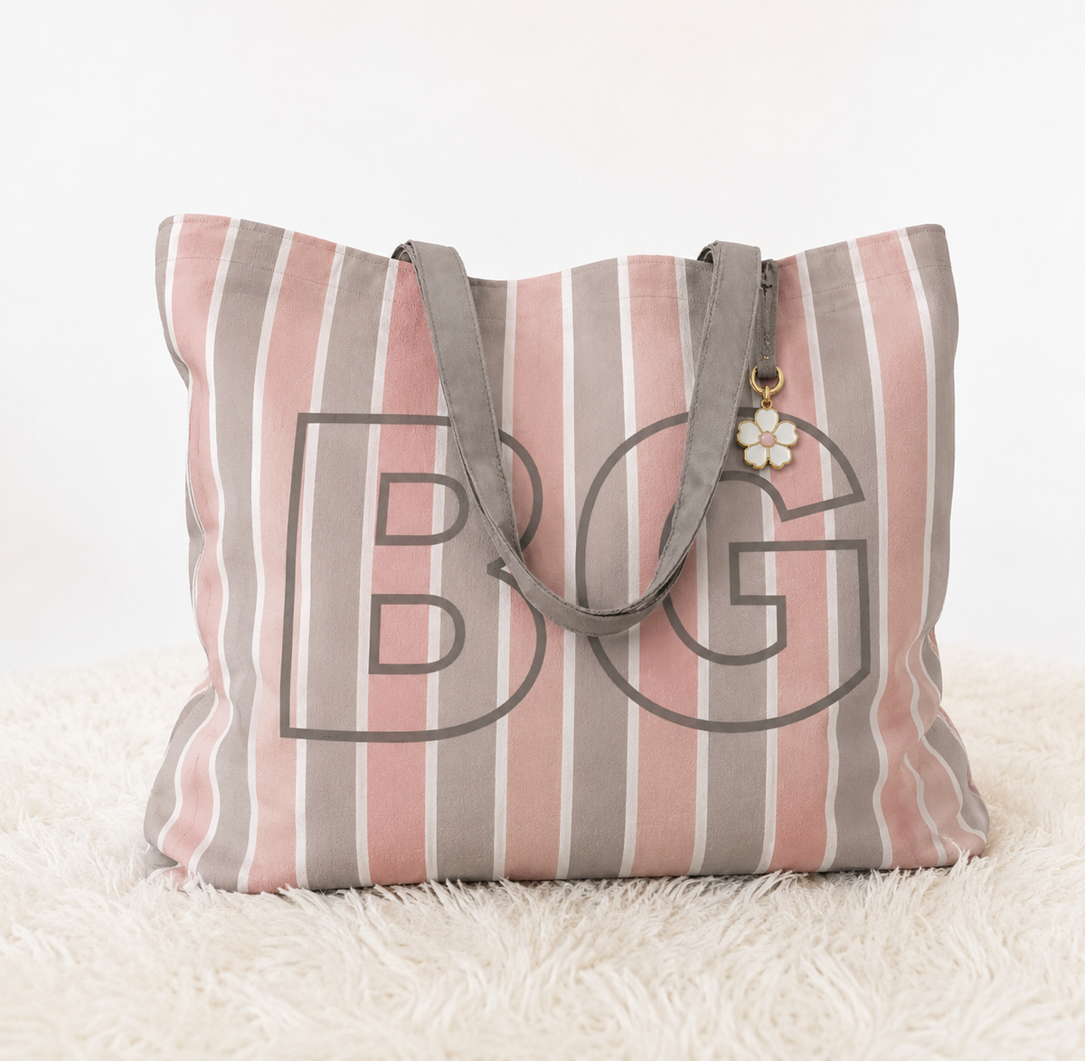 Pink Tone - Custom Initials Striped Canvas Tote Bag, Travel Bag for Girls