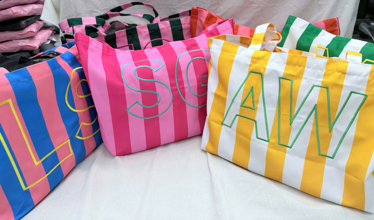 Embroidered Custom Initials Striped Canvas Tote Bag, Street Bag for Girls