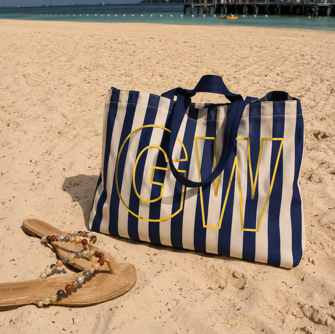 Custom Initials Striped Canvas Tote Bag, Street Bag for Girls