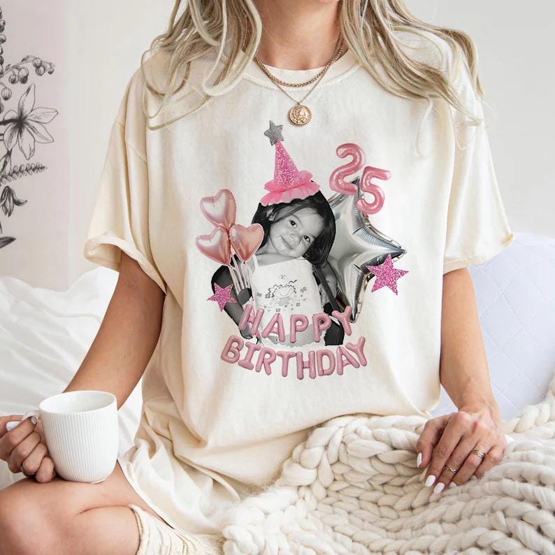 Custom Photo Birthday Shirt, Personalized Age Tee for Women, Pink Balloon Birthday Party Outfit Gift