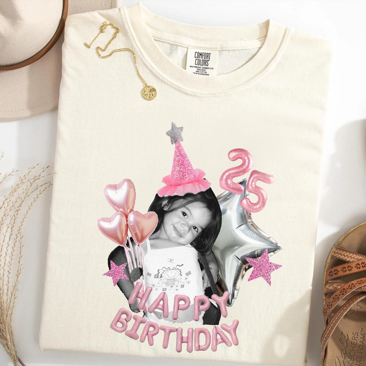 Custom Photo Birthday Shirt, Personalized Age Tee for Women, Pink Balloon Birthday Party Outfit Gift