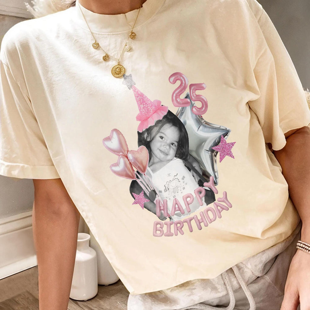 Custom Photo Birthday Shirt, Personalized Age Tee for Women, Pink Balloon Birthday Party Outfit Gift