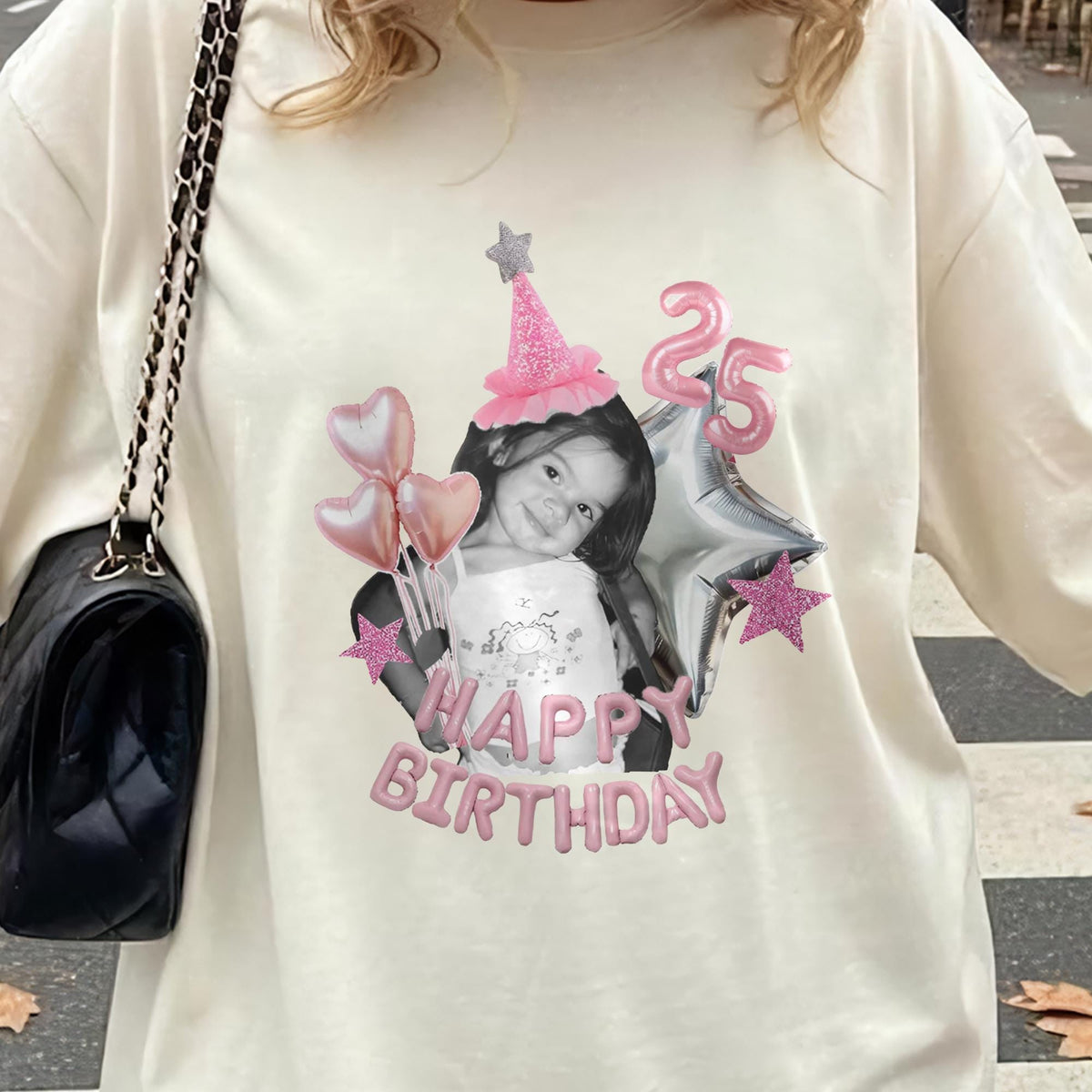 Custom Photo Birthday Shirt, Personalized Age Tee for Women, Pink Balloon Birthday Party Outfit Gift