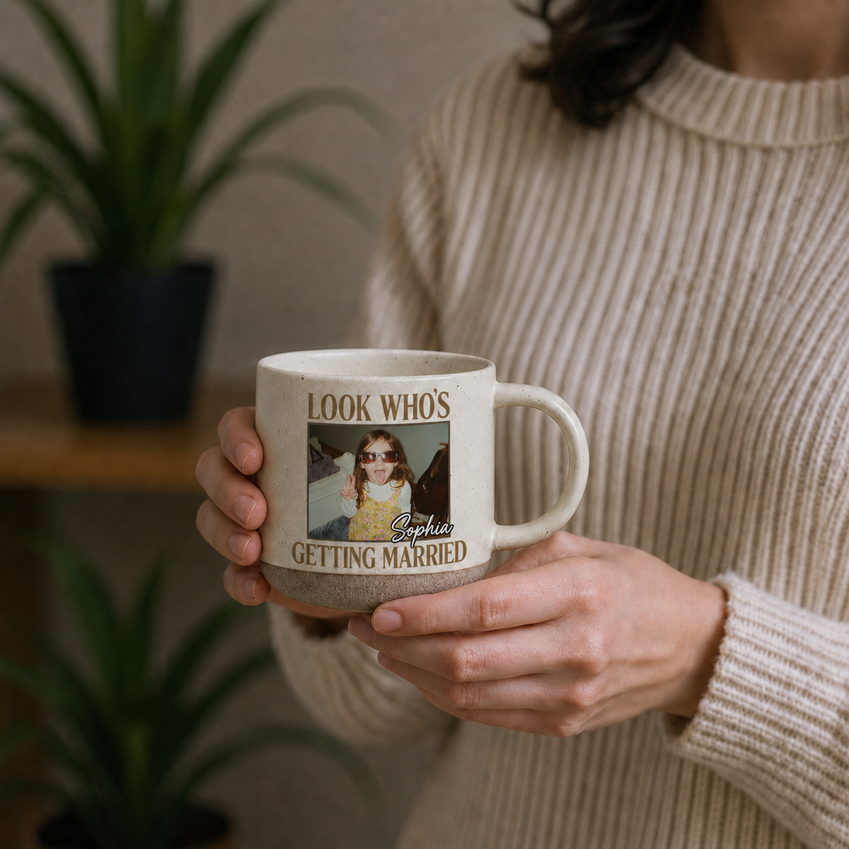 Look Who’s Getting Married Personalized Pottery Mug, Custom Photo & Names Wedding Gift